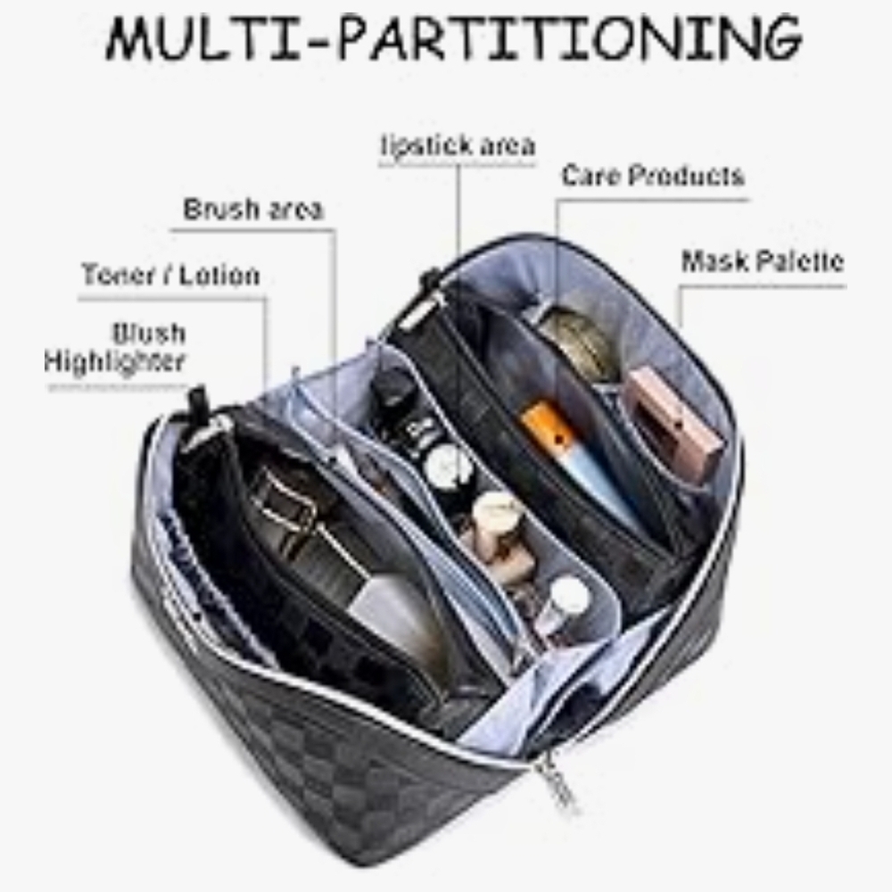 Black Checkered Toiletry Bag With Multiple Compartments - Picture 2 of 16